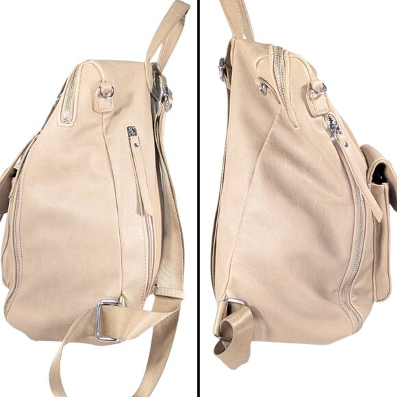 Miztique Beige Faux Leather Lined Zip Convertible Backpack Lots of Pockets - Picture 4 of 12